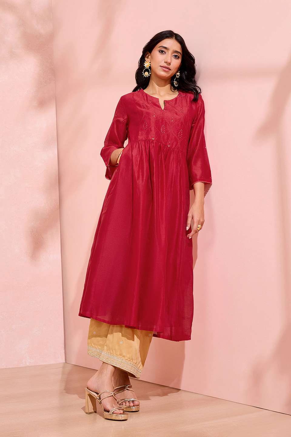 Dark Red Pure Silk Cotton Chikankari Kurta
