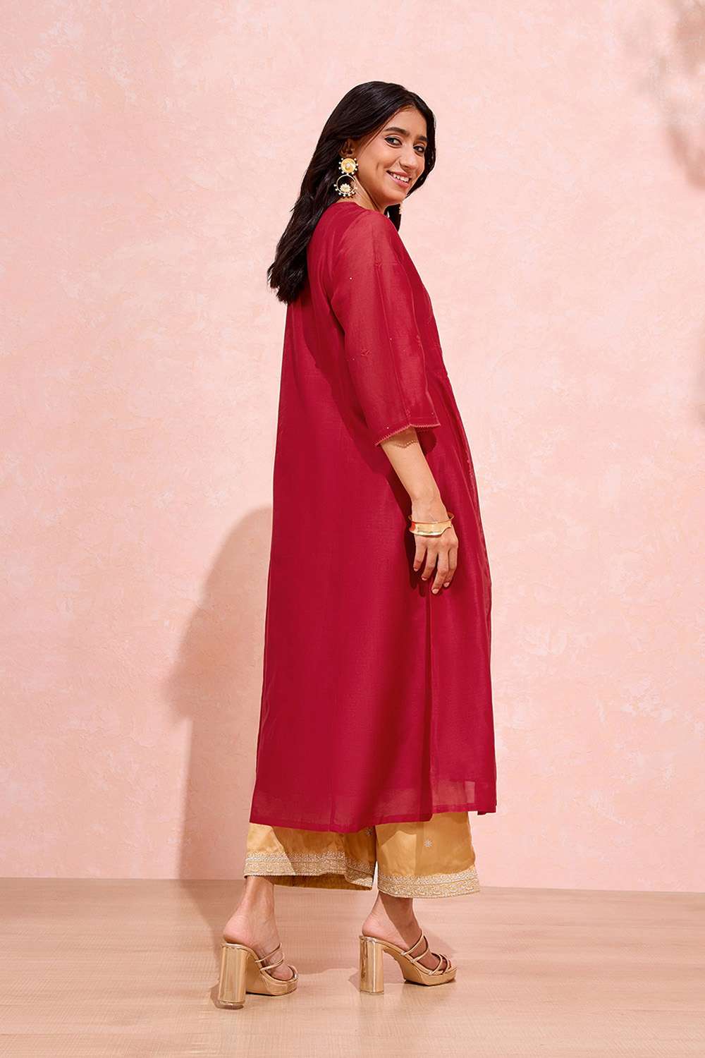 Dark Red Pure Silk Cotton Chikankari Kurta image number null