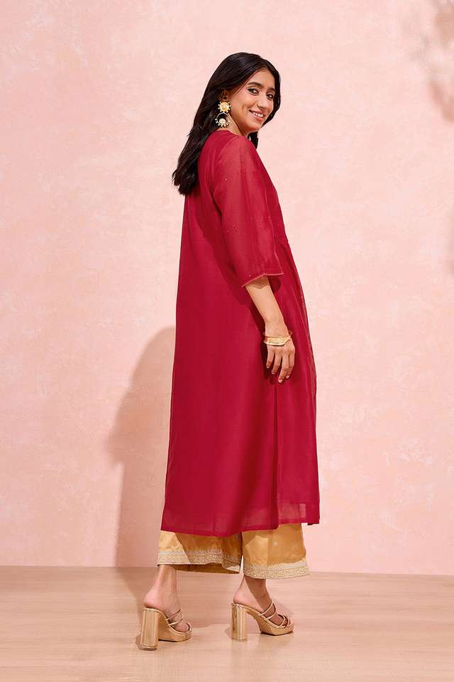 Dark Red Pure Silk Cotton Chikankari Kurta thumbnail image number null