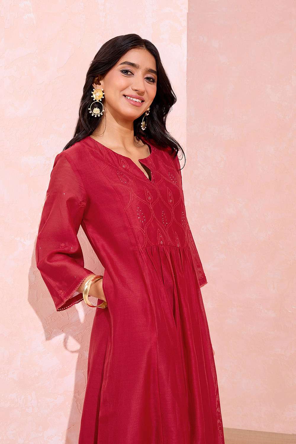Dark Red Pure Silk Cotton Chikankari Kurta image number null