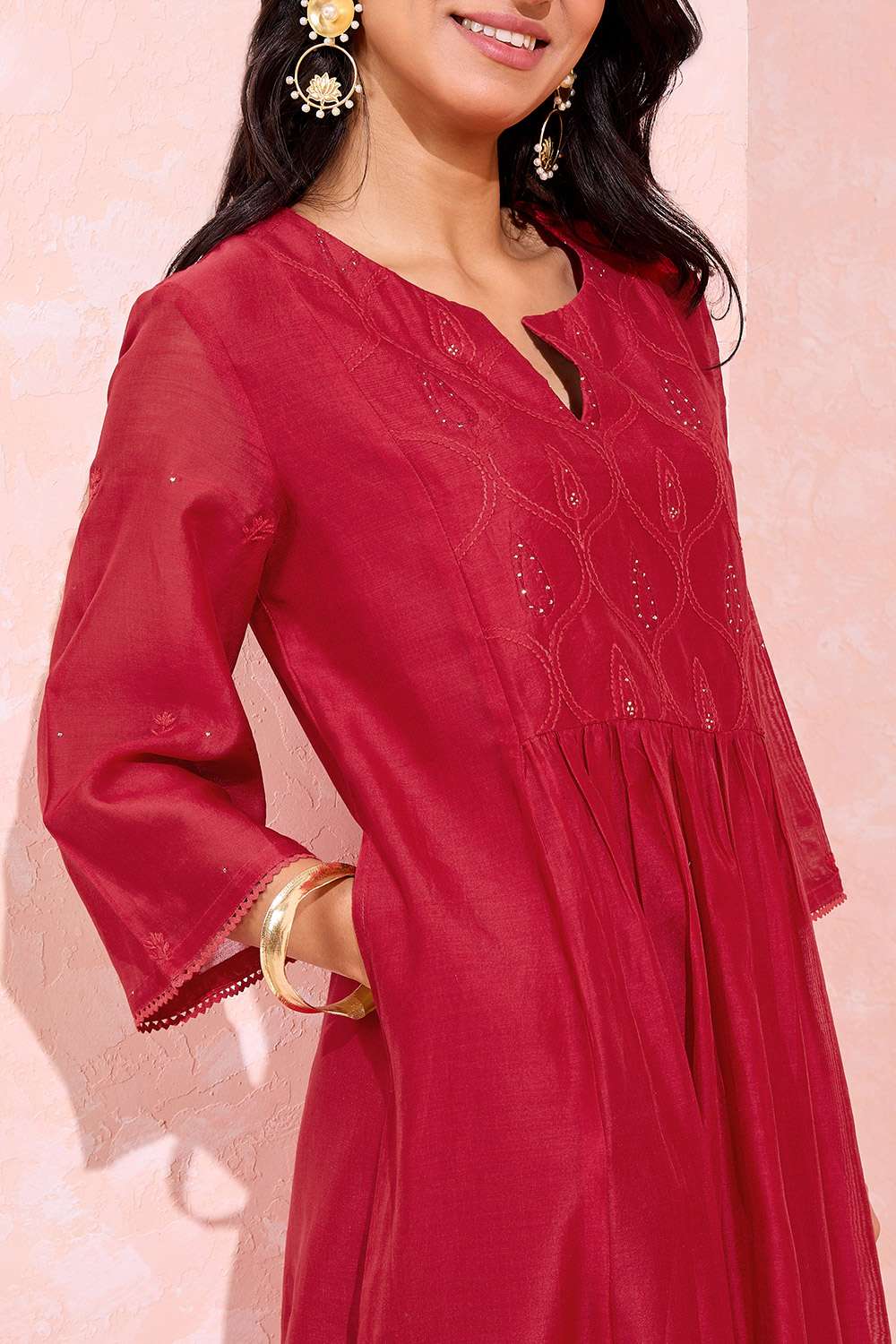 Dark Red Pure Silk Cotton Chikankari Kurta image number null