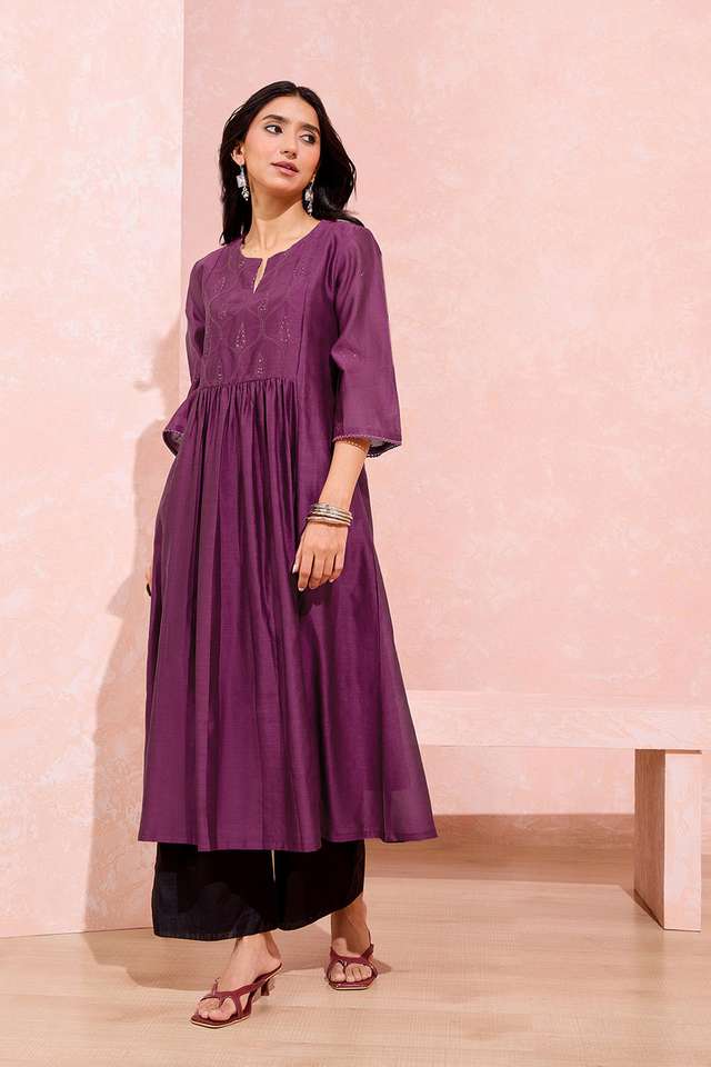 Dark Violet Pure Silk Cotton Chikankari Kurta thumbnail image number null