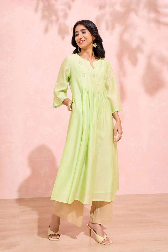 Light Green Pure Silk Cotton Chikankari Kurta thumbnail image number null