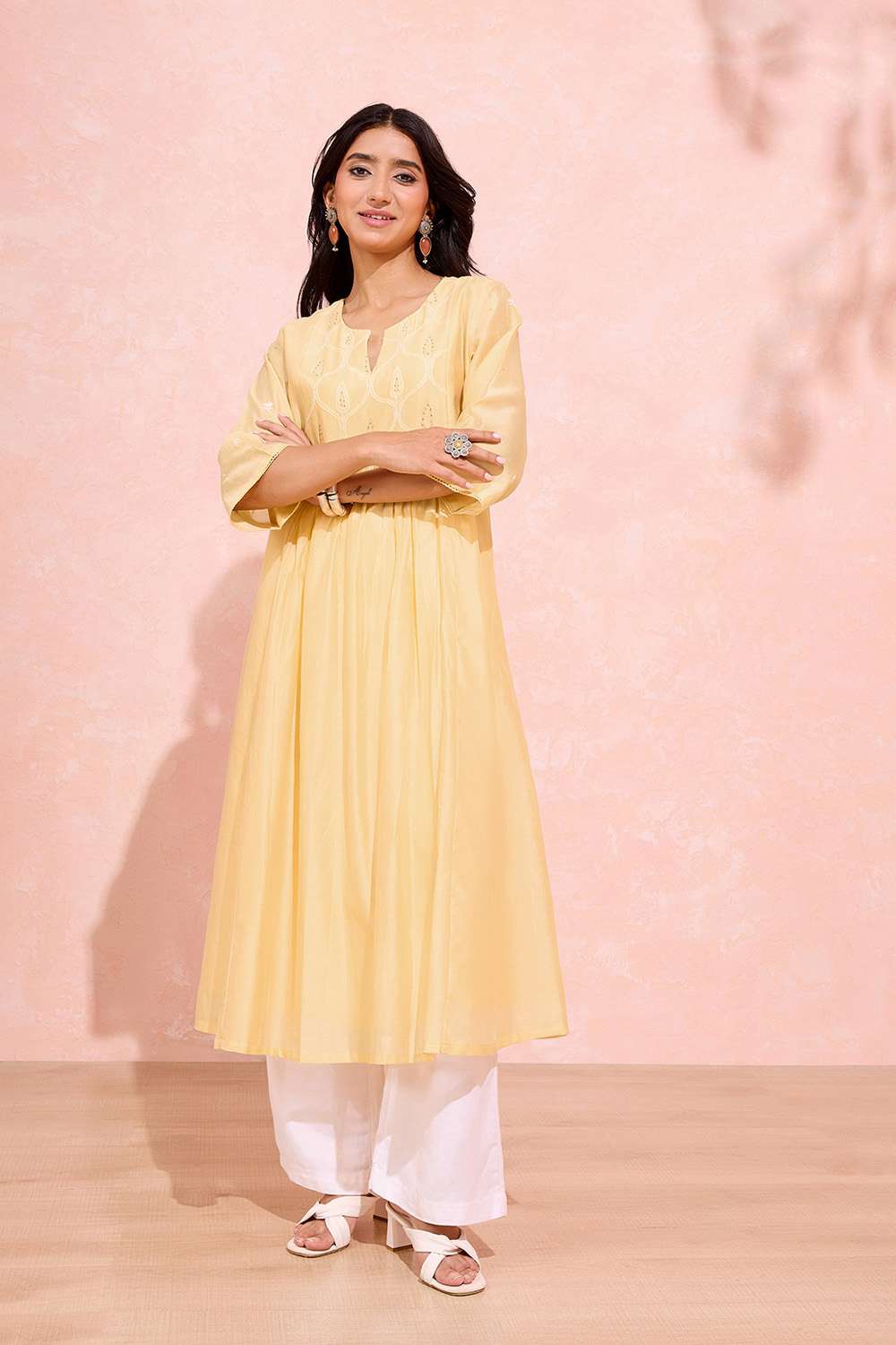 Light Orange Pure Silk Cotton Chikankari Kurta image number null