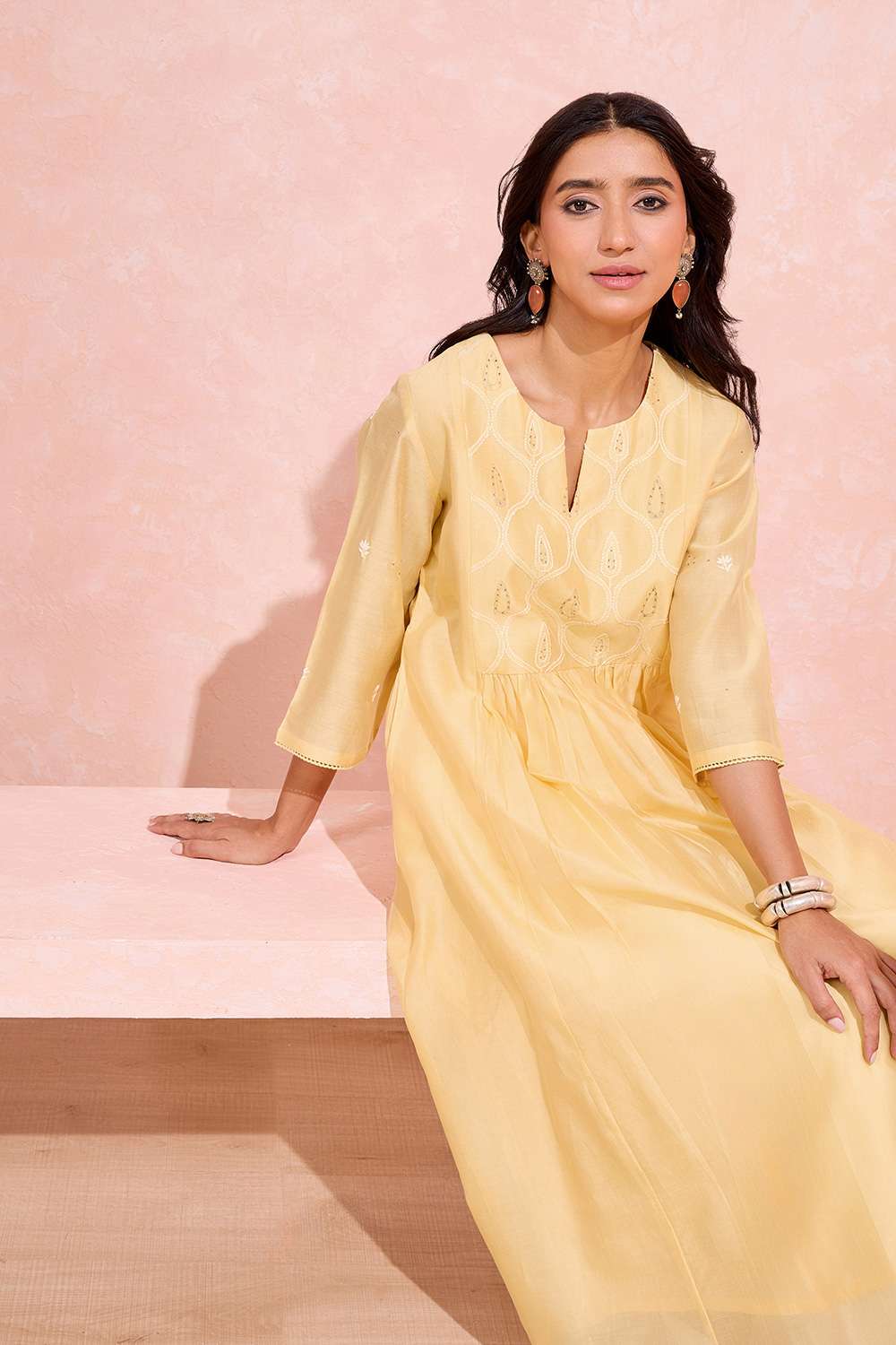 Light Orange Pure Silk Cotton Chikankari Kurta image number null