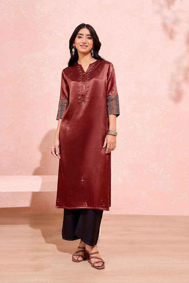 Dark Red Viscose Cotton Embroidered Kurta thumbnail image number null