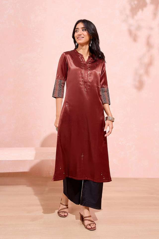 Dark Red Viscose Cotton Embroidered Kurta thumbnail image number null