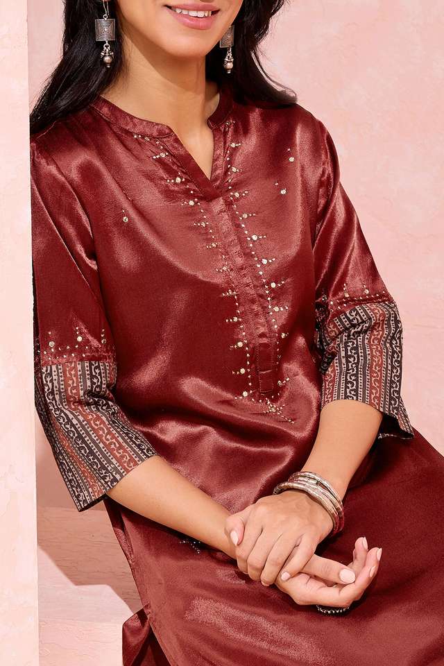 Dark Red Viscose Cotton Embroidered Kurta thumbnail image number null