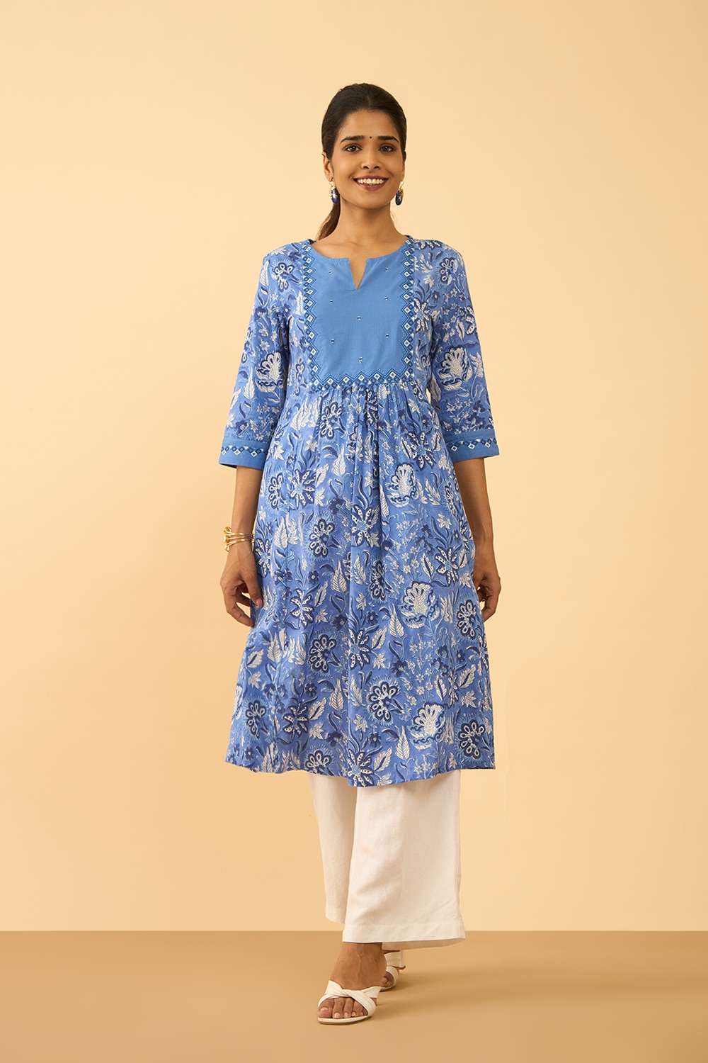 Blue Pure Cotton Printed Embroidered Kurta image number null