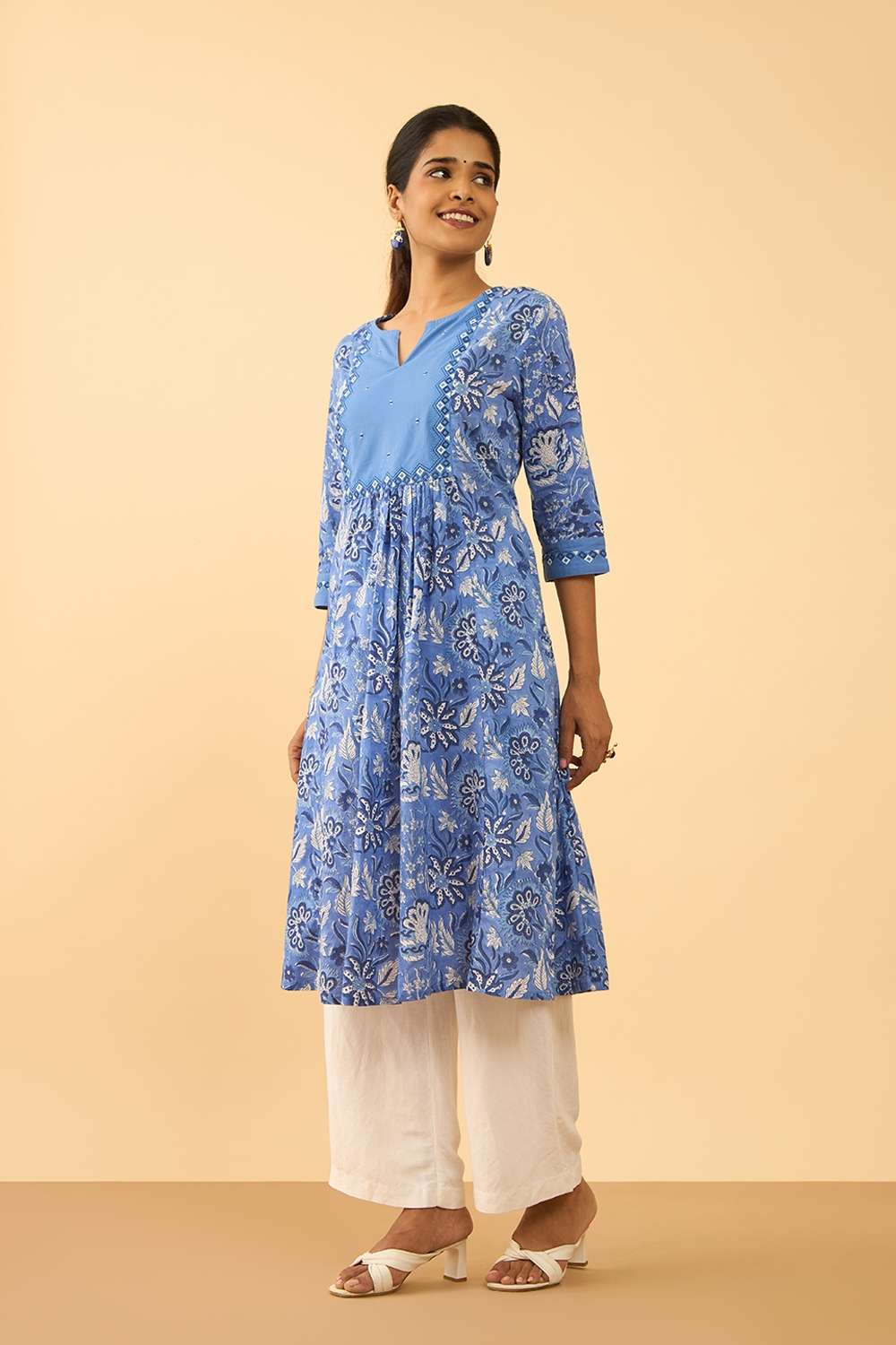 Blue Pure Cotton Printed Embroidered Kurta image number null