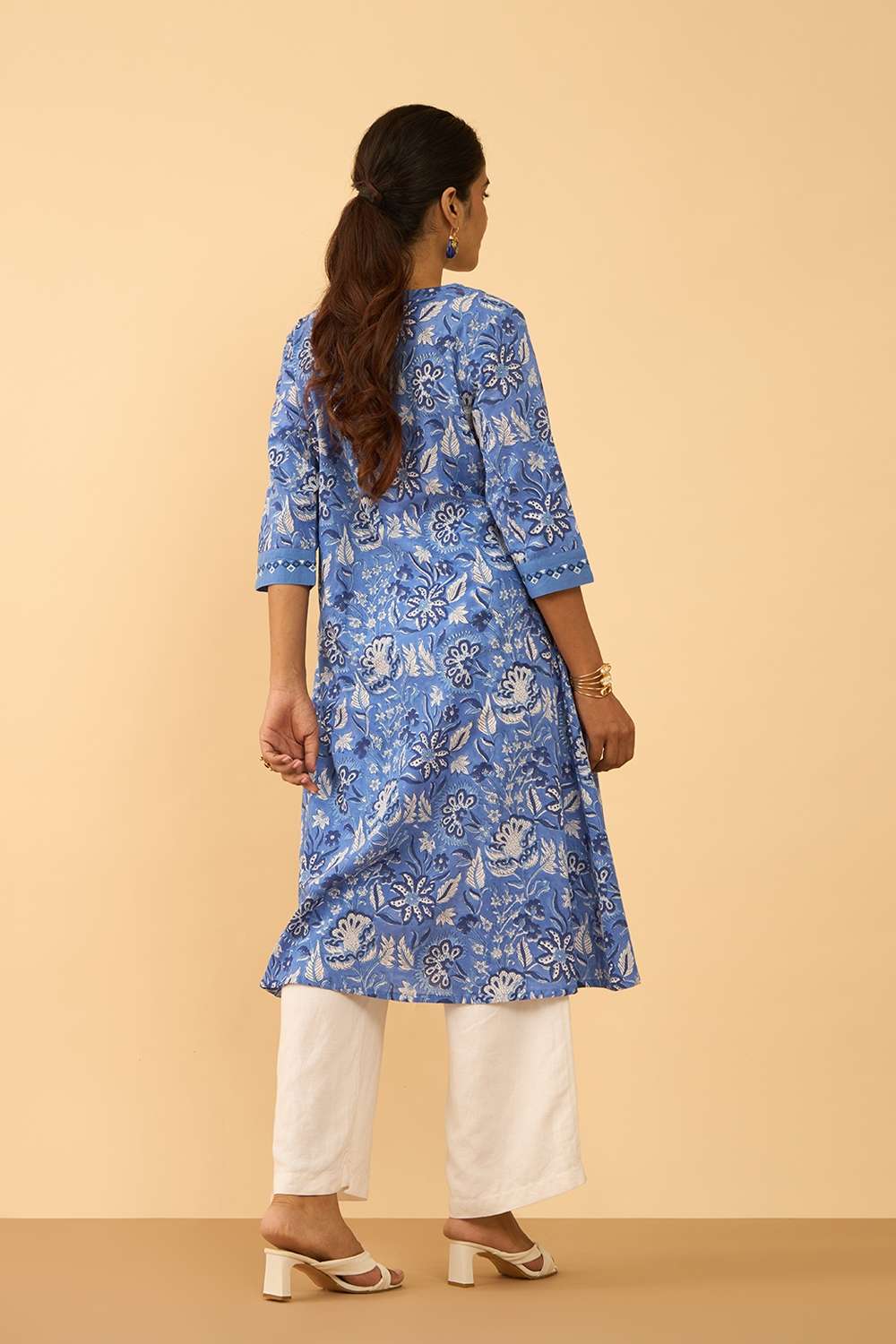 Blue Pure Cotton Printed Embroidered Kurta image number null
