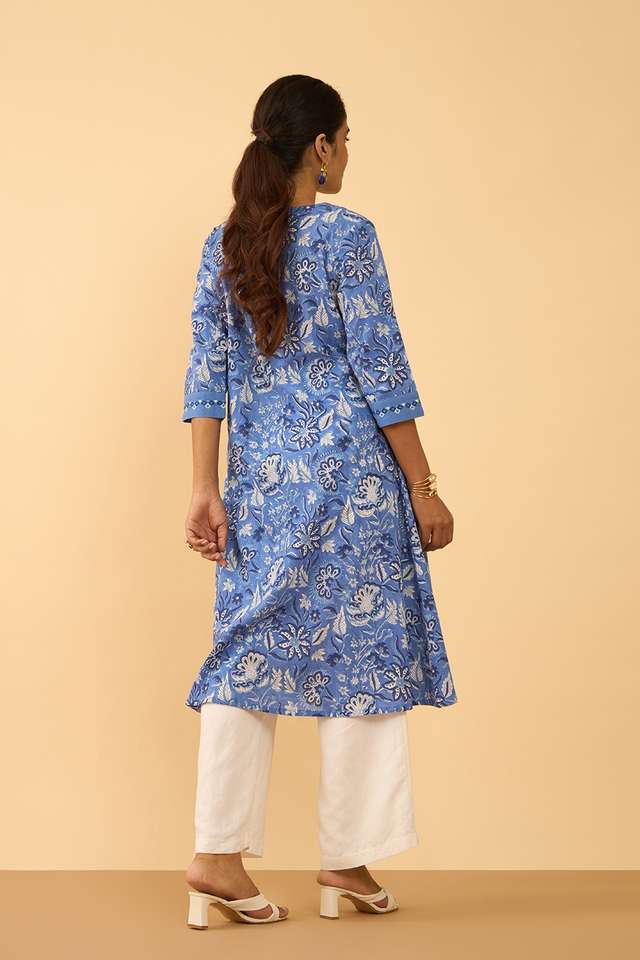 Blue Pure Cotton Printed Embroidered Kurta thumbnail image number null