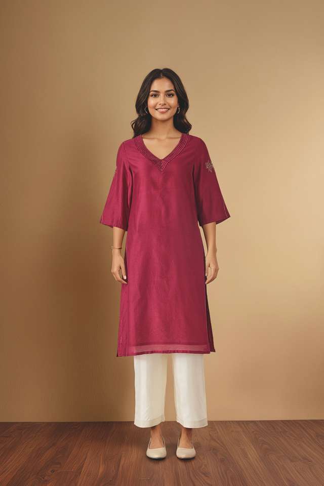 Dark Pink Embroidered Pure Silk Cotton Kurta thumbnail image number null