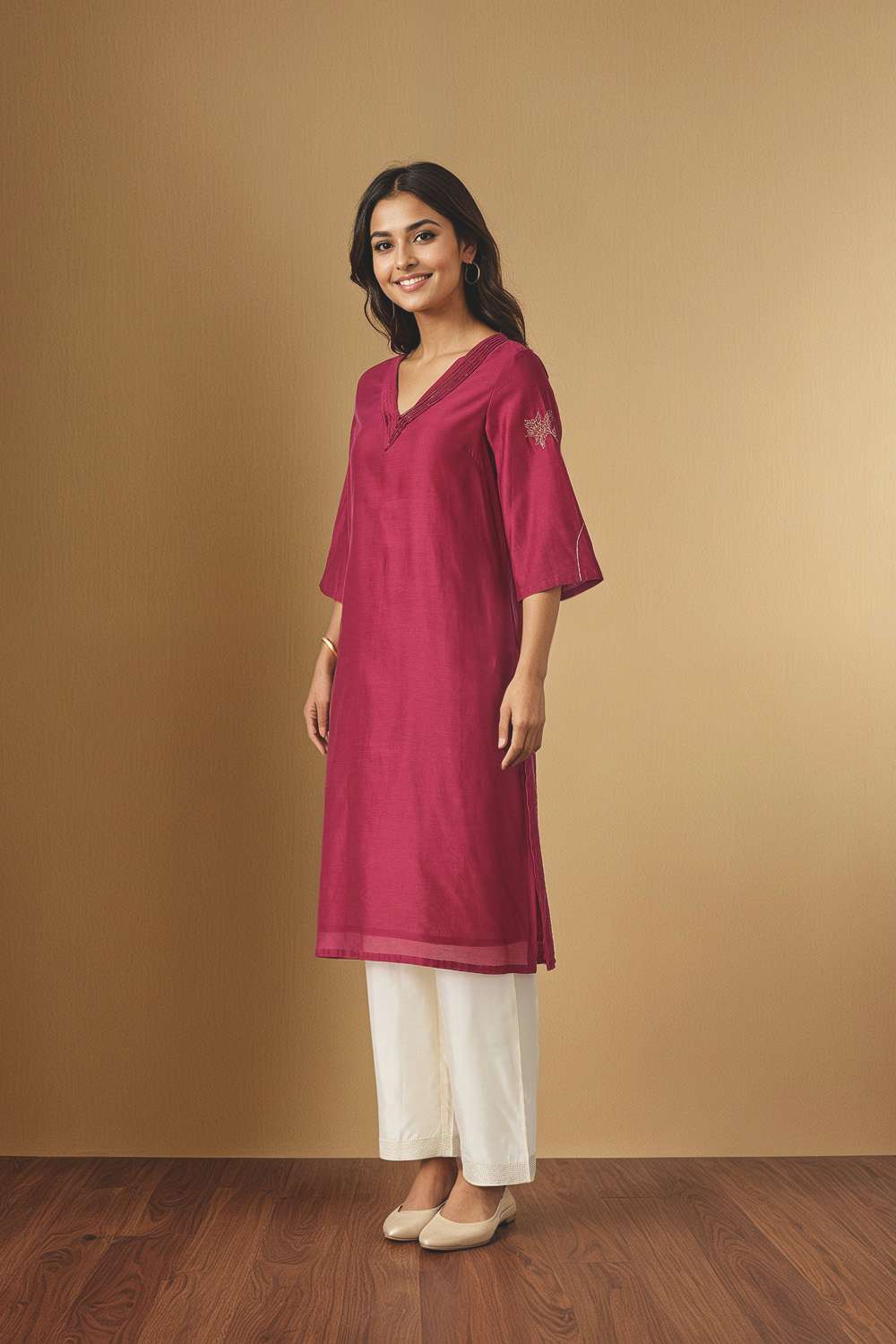 Dark Pink Embroidered Pure Silk Cotton Kurta image number null