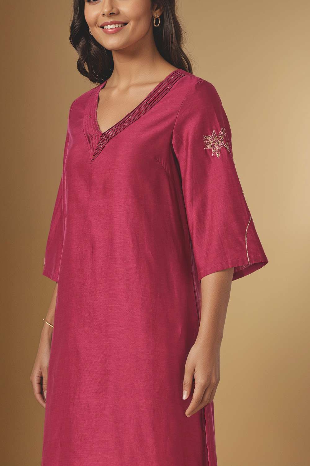 Dark Pink Embroidered Pure Silk Cotton Kurta image number null