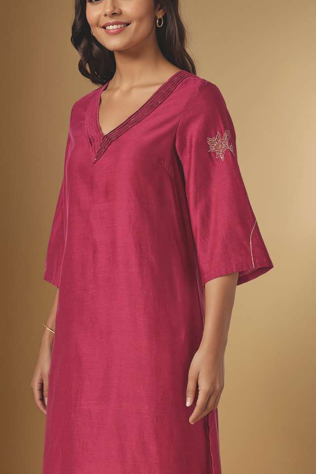 Dark Pink Embroidered Pure Silk Cotton Kurta thumbnail image number null