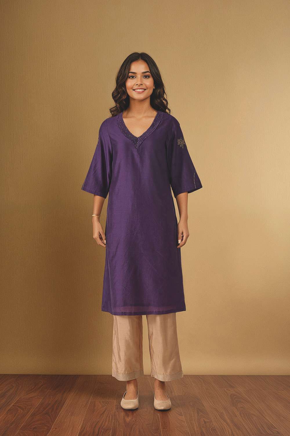 Dark Violet Embroidered Pure Silk Cotton Kurta image number null