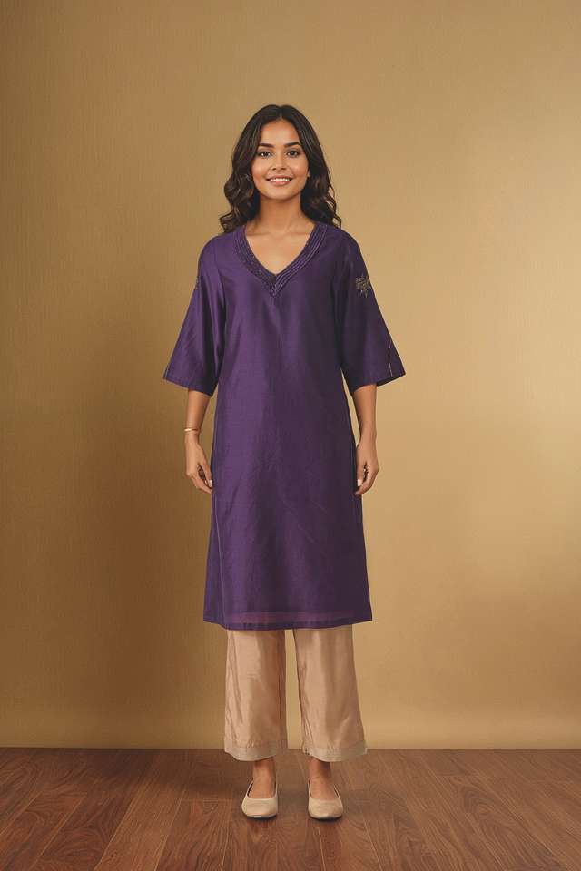 Dark Violet Embroidered Pure Silk Cotton Kurta thumbnail image number null