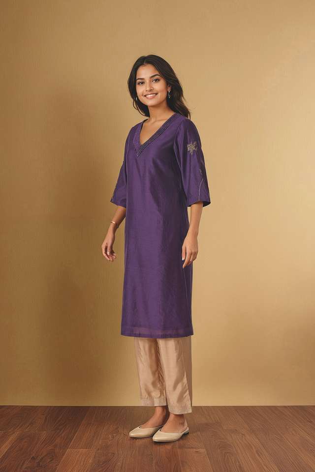 Dark Violet Embroidered Pure Silk Cotton Kurta thumbnail image number null