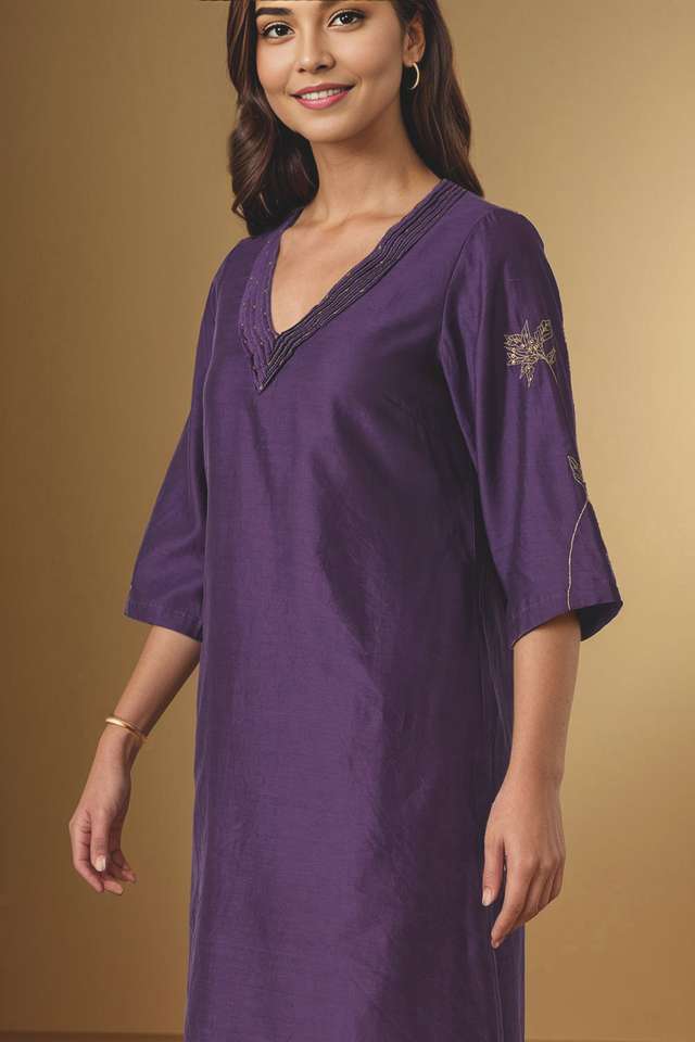 Dark Violet Embroidered Pure Silk Cotton Kurta thumbnail image number null