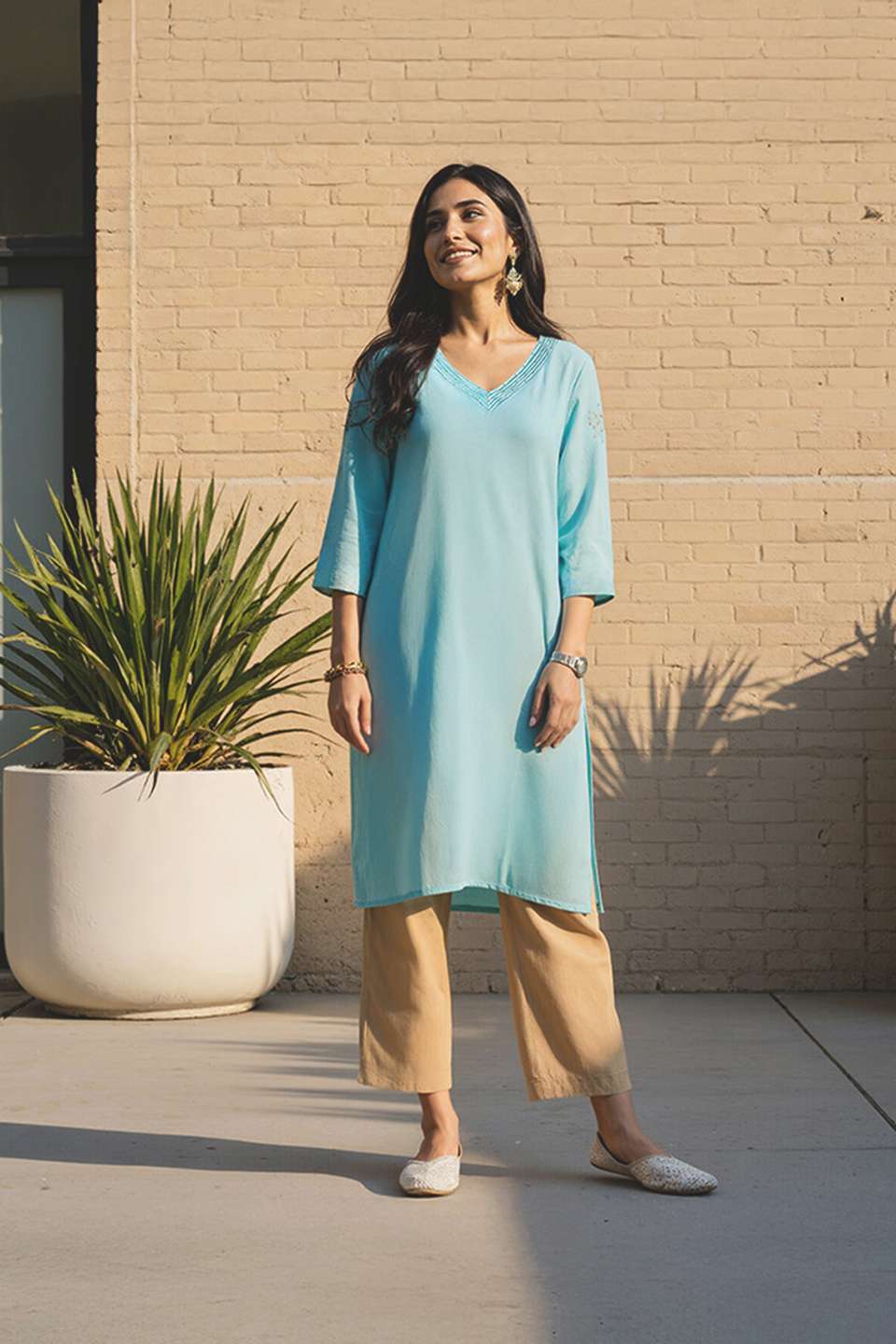 Light Blue Embroidered Pure Silk Cotton Kurta