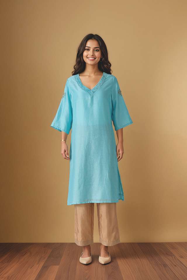 Light Blue Embroidered Pure Silk Cotton Kurta thumbnail image number null