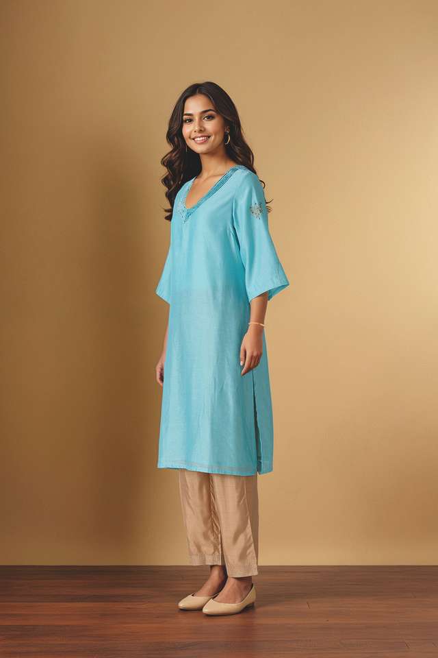 Light Blue Embroidered Pure Silk Cotton Kurta thumbnail image number null