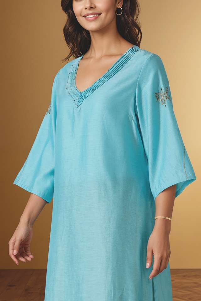 Light Blue Embroidered Pure Silk Cotton Kurta thumbnail image number null