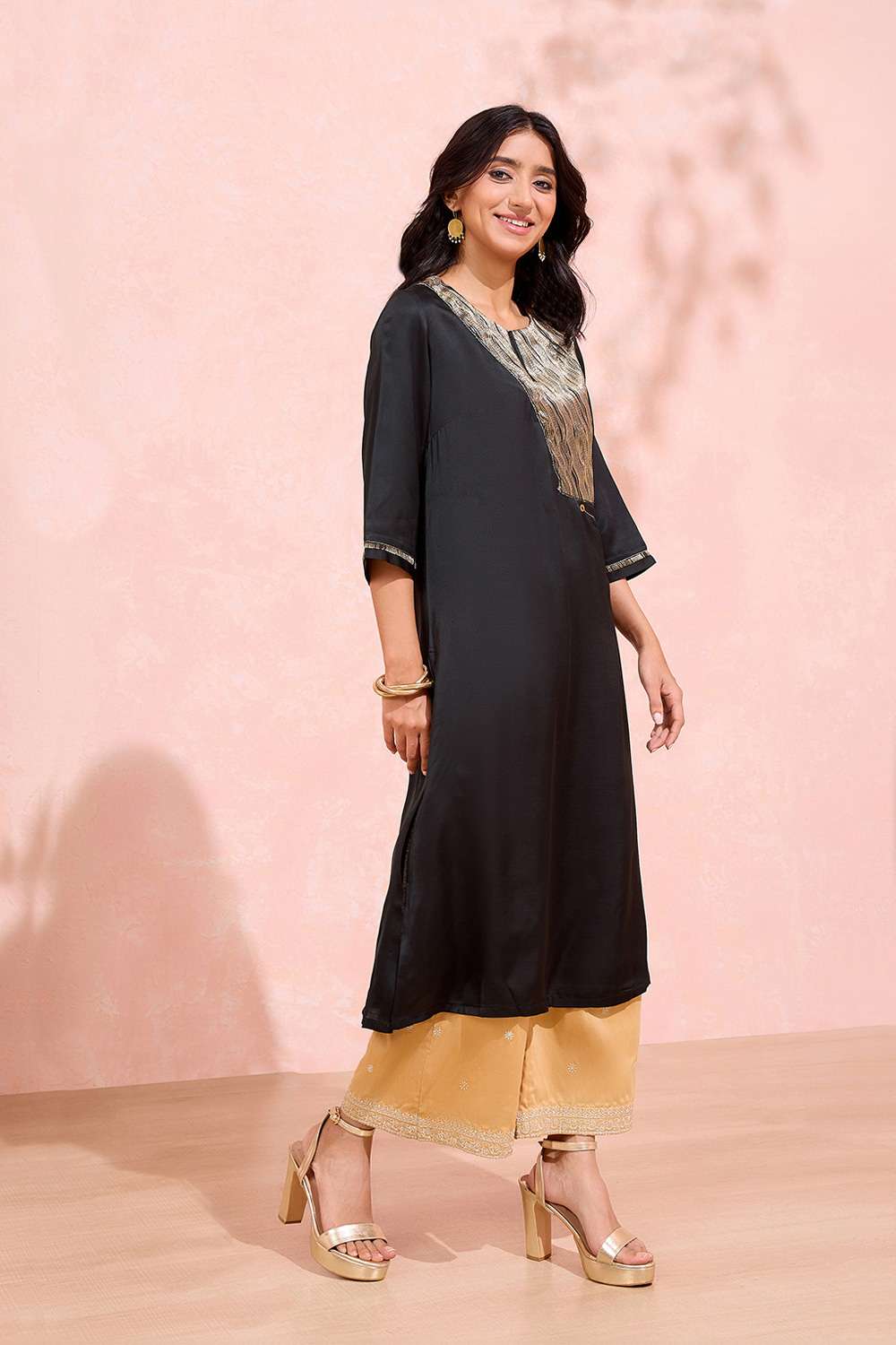 Black Viscose Brocade Kurta image number null