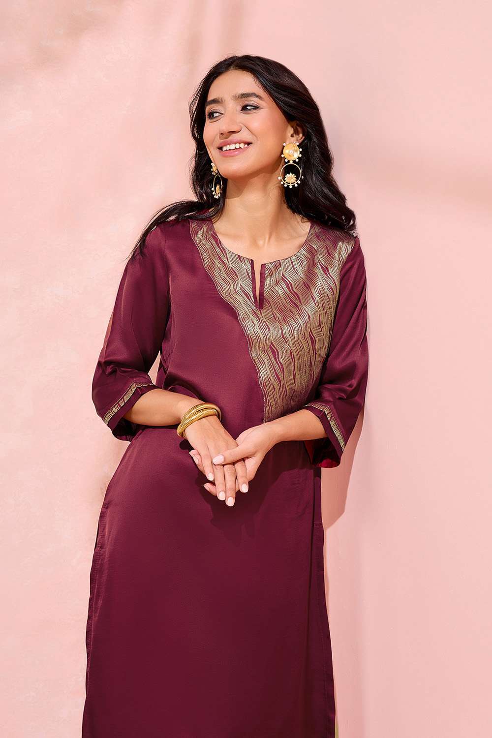 Dark Pink Viscose Brocade Kurta image number null
