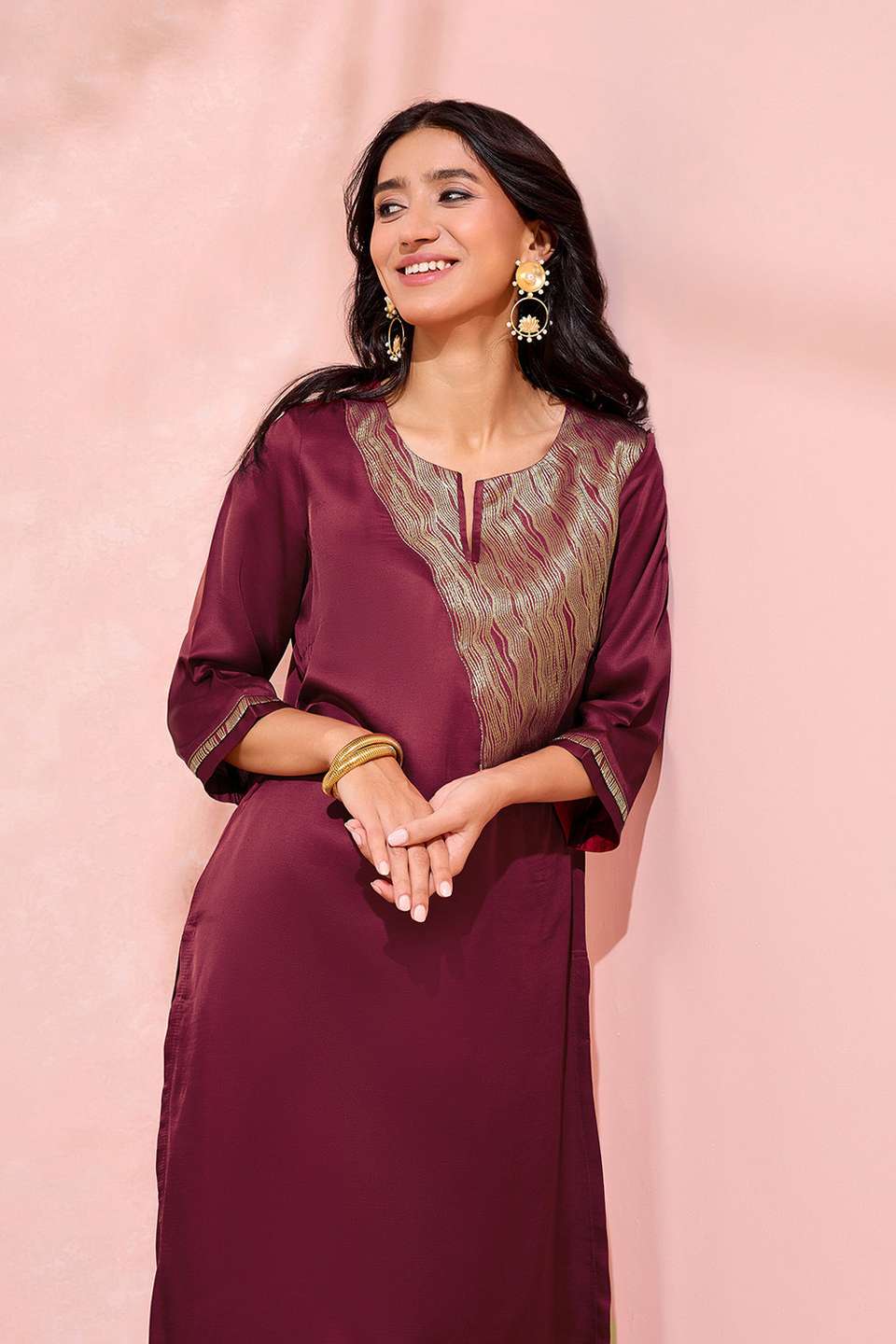 Dark Pink Viscose Brocade Kurta