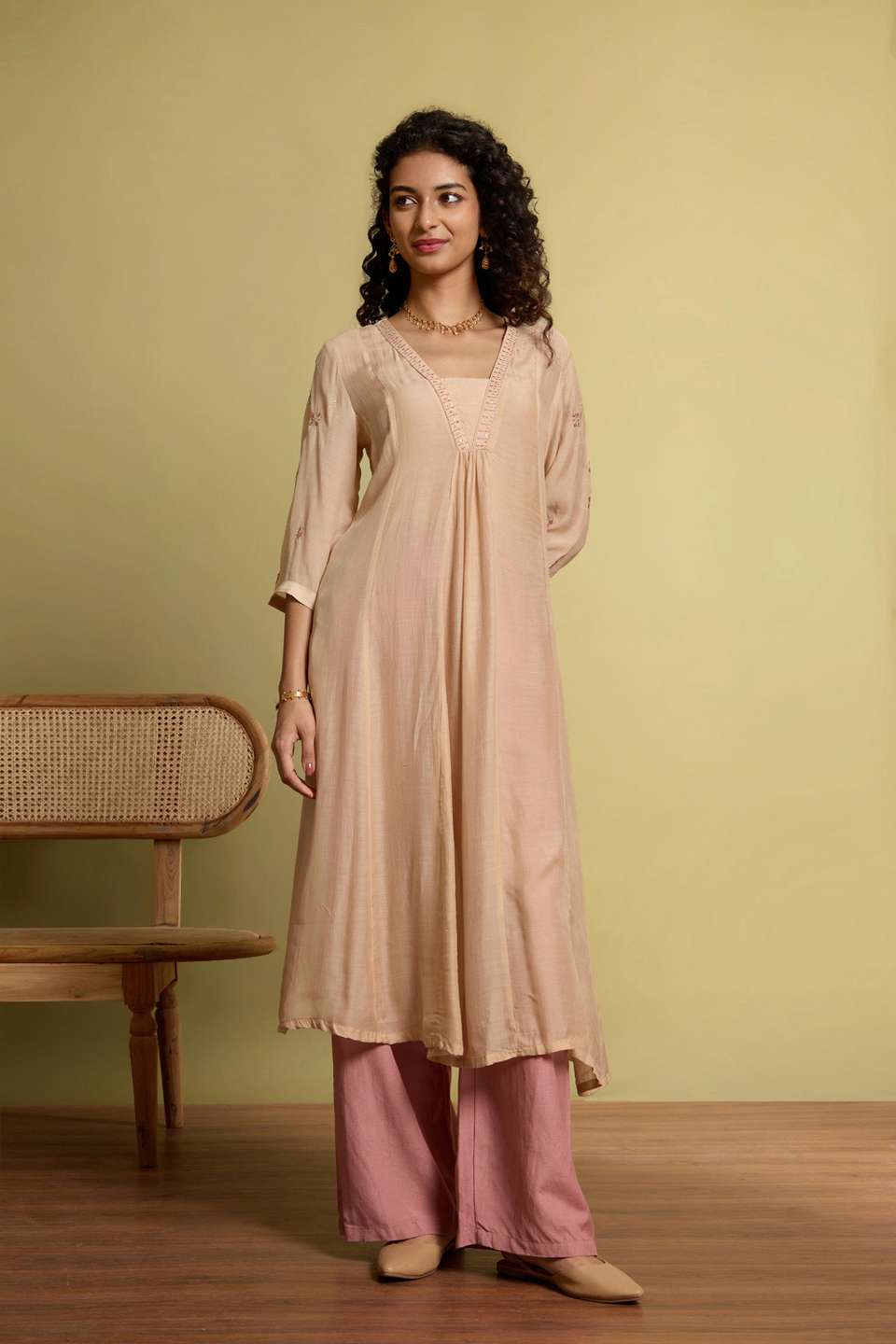 Beige Viscose Embroidered Kurta