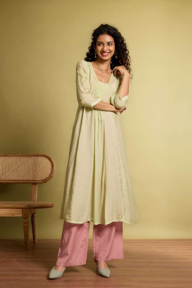 Light Green Viscose Embroidered Kurta image number