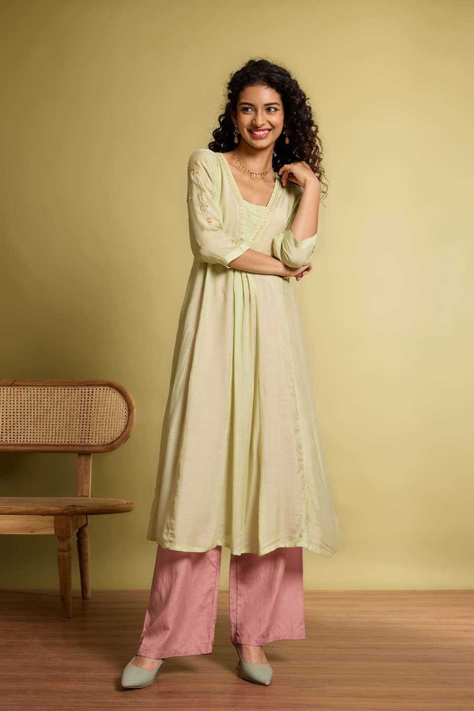 Light Green Viscose Embroidered Kurta