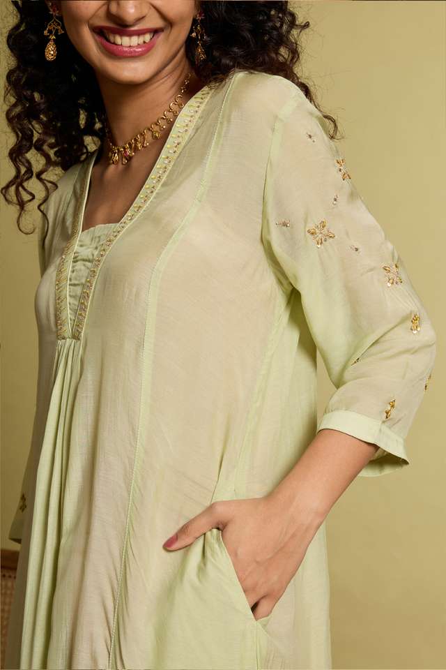 Light Green Viscose Embroidered Kurta thumbnail image number null