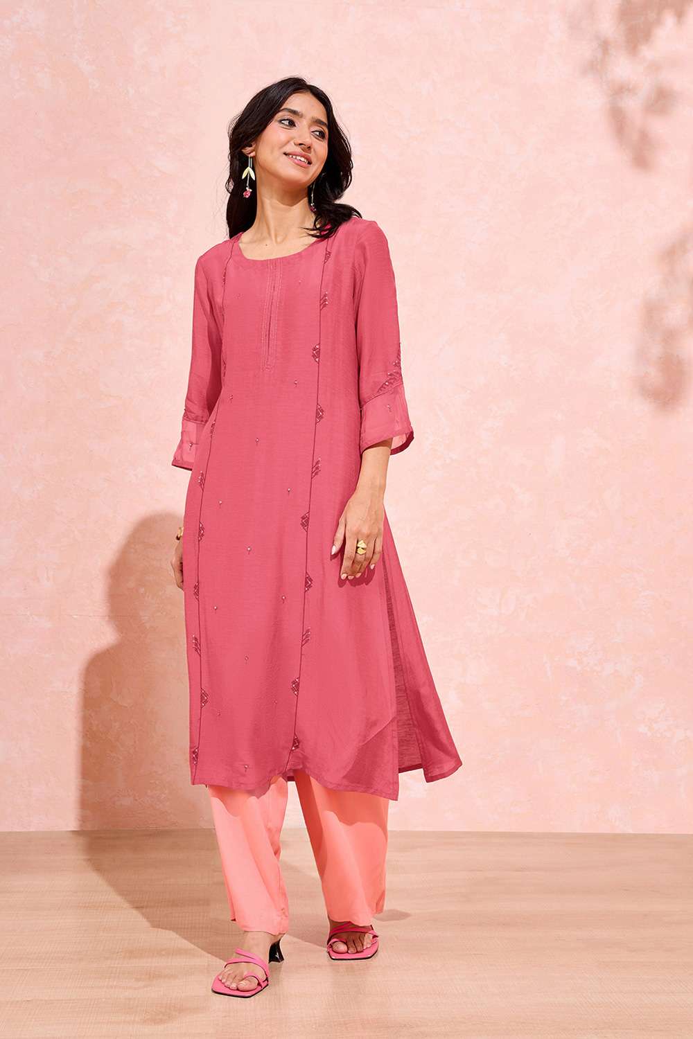 Pink Viscose Embroidered Kurta image number null