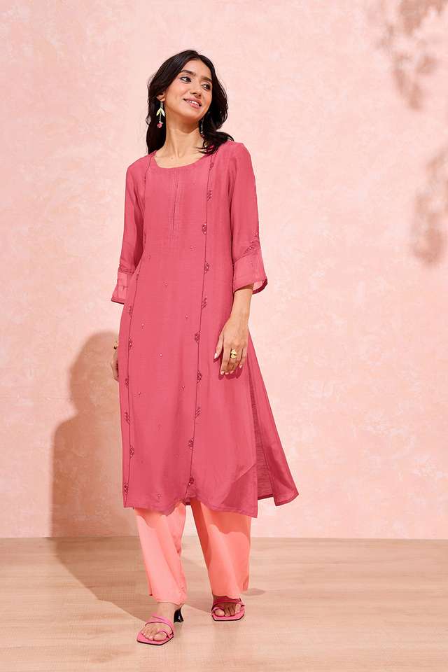 Pink Viscose Embroidered Kurta image number