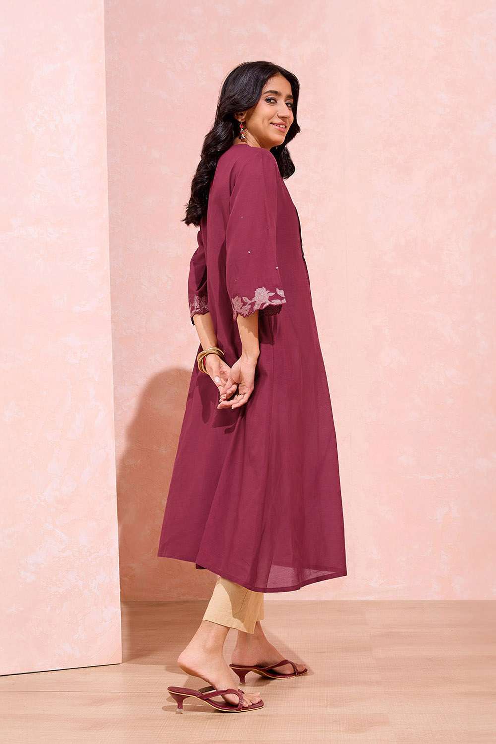 Dark Pink Cotton Viscose Embroidered Kurta image number null