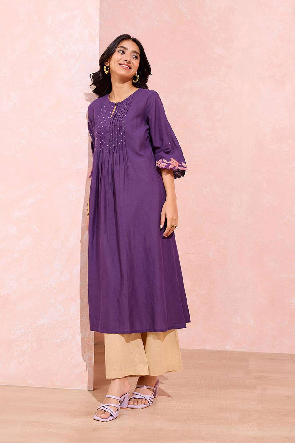 Dark Violet Cotton Viscose Embroidered Kurta
