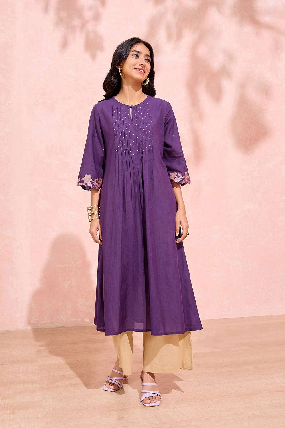 Dark Violet Cotton Viscose Embroidered Kurta image number null