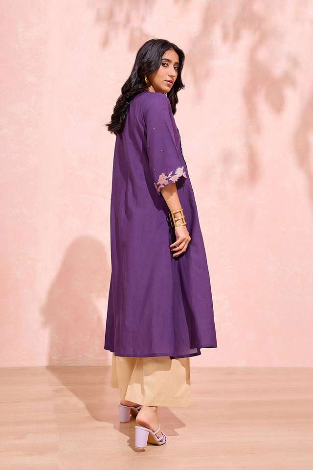 Dark Violet Cotton Viscose Embroidered Kurta thumbnail image number null