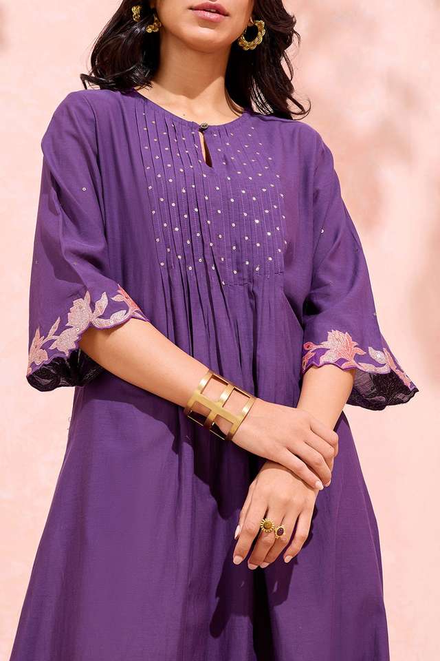 Dark Violet Cotton Viscose Embroidered Kurta thumbnail image number null