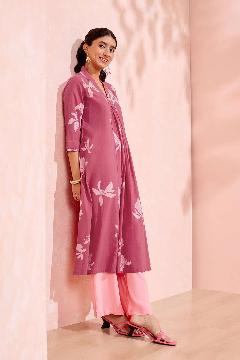 Dark Pink Screen Printed Pure Cotton Kurta image number null