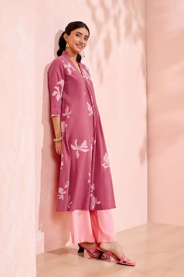 Dark Pink Screen Printed Pure Cotton Kurta thumbnail image number null