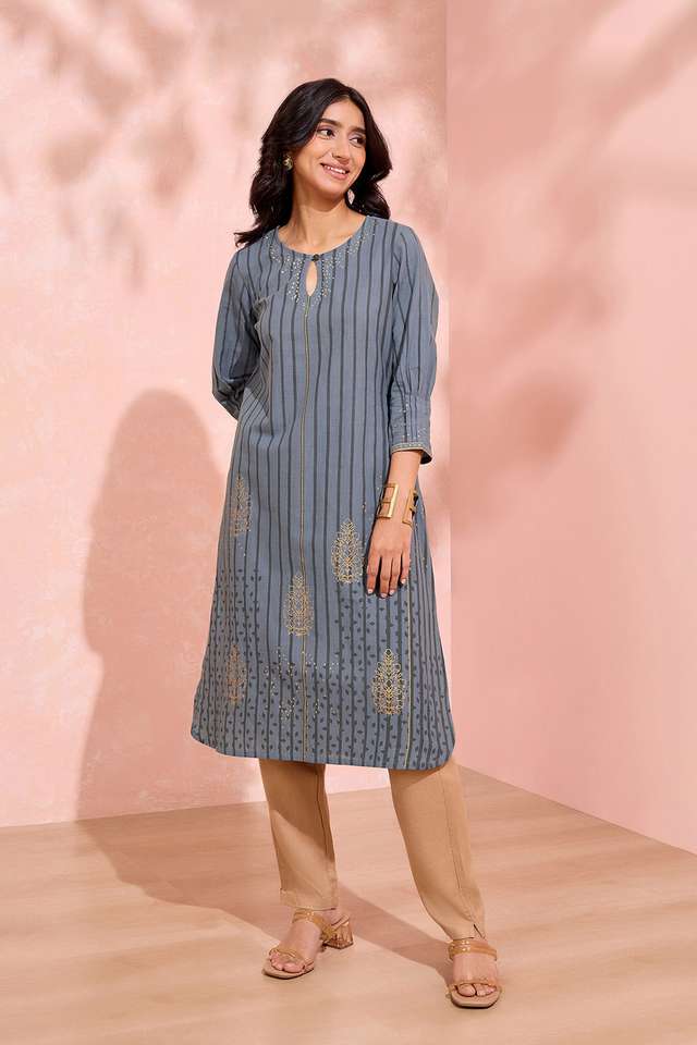 Grey Pure Cotton Printed Embroidery Kurta image number