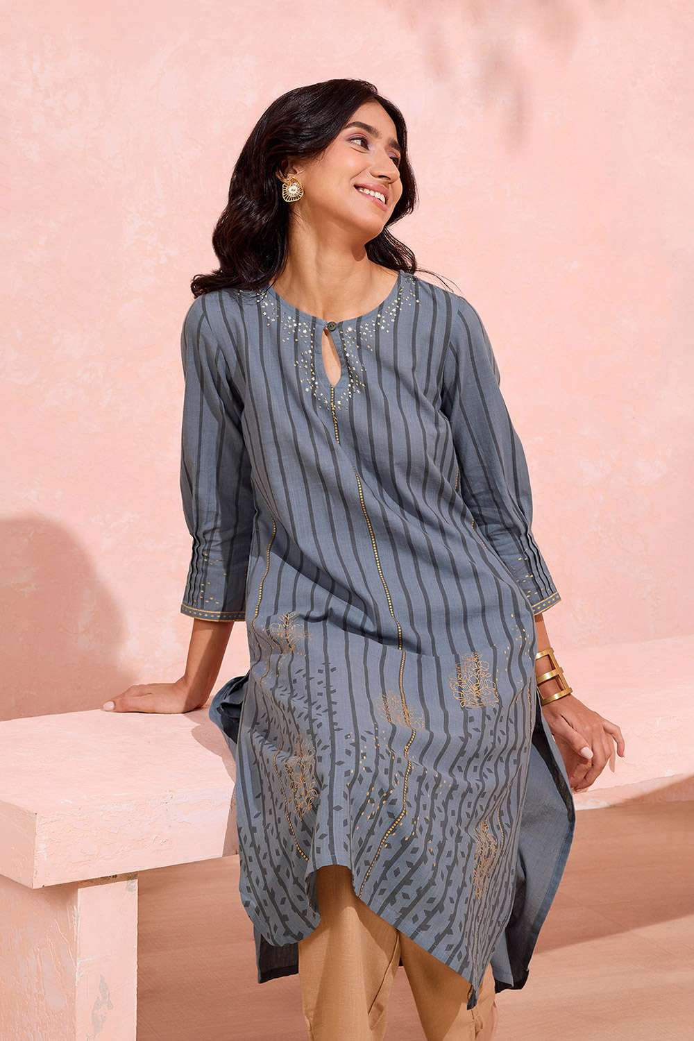 Grey Pure Cotton Printed Embroidery Kurta image number null