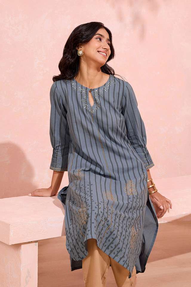 Grey Pure Cotton Printed Embroidery Kurta thumbnail image number null