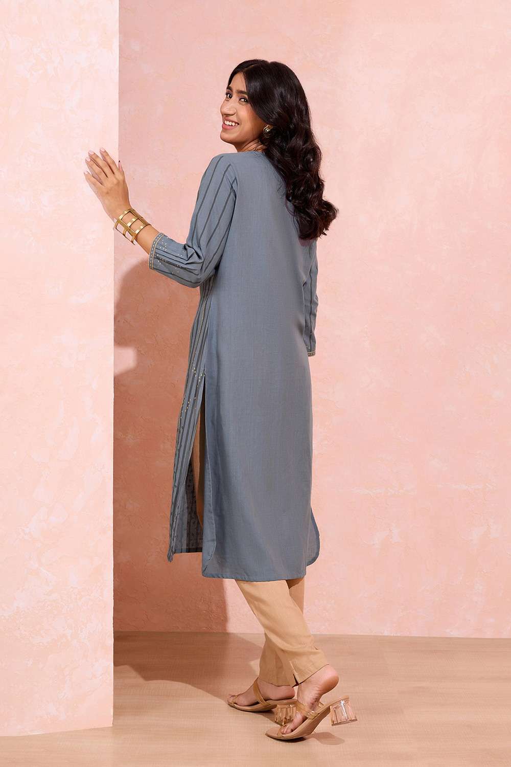 Grey Pure Cotton Printed Embroidery Kurta image number null