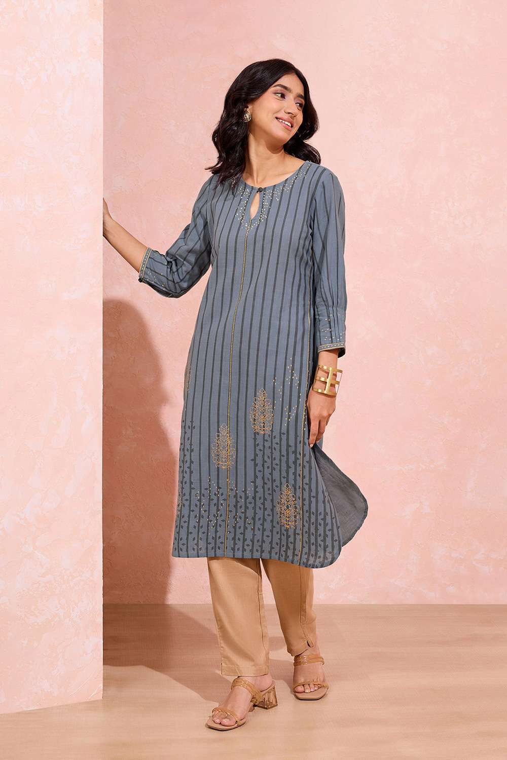 Grey Pure Cotton Printed Embroidery Kurta image number null