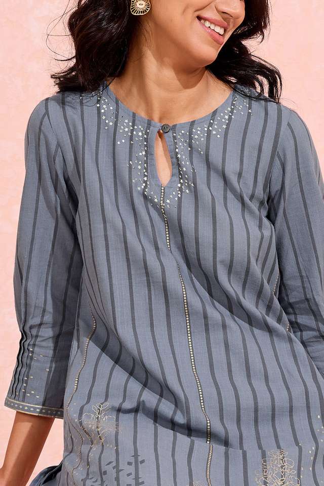 Grey Pure Cotton Printed Embroidery Kurta thumbnail image number null